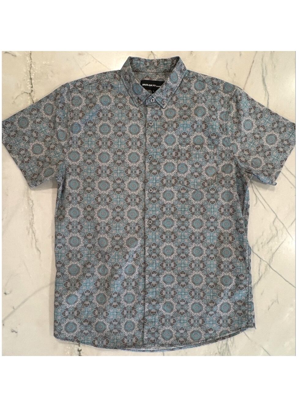 Molokai Surf Co Mandala Gray Khaki Blue Short Sleeve Hawaiian Shirt Men  L